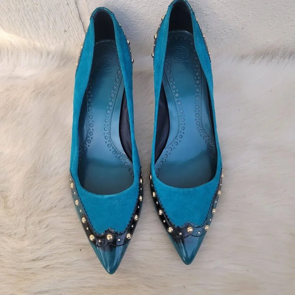 Tory Burch Noelle studded indigo suede kitten heel pumps Sz 9